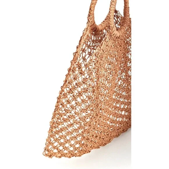 MANGO Shopper Bag Crochet Mesh Net Braided Jute Tote XL Handbag Brown Ltd Editio - Picture 2 of 14